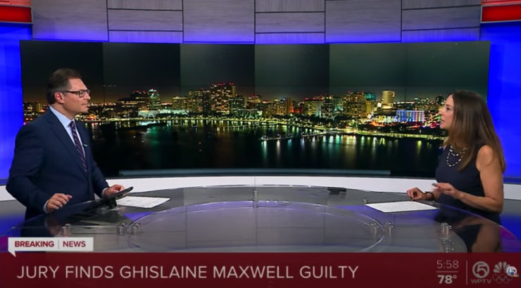 screenshot of video of Michelle speaking with WPTV anchor in studio w/ text at bottom of screen that says "Jury Finds Ghislaine Maxwell Guilty"