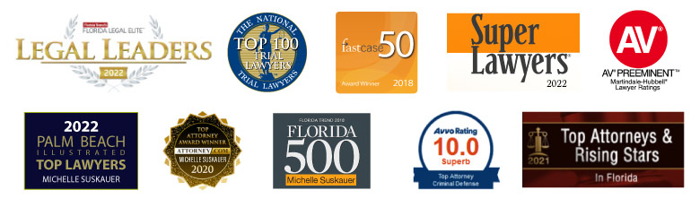 Top lawyer badges and recognition for Michelle Suskauer: Florida Trend's Florida Legal Elite for 2020, 2021 Top Attorneys & Rising Stars in Florida, 2022 Palm Beach Illustrated Top Lawyers, Florida Trend's Florida 500, AV Preeminent Lawyer Rating, Super Lawyers 2022, Top 100 Trail Lawyers, FastCase 50, Attorney.com Top Attorney Award Winner, and Avvo 10.0 Superb Rating for Criminal Defense Attorney