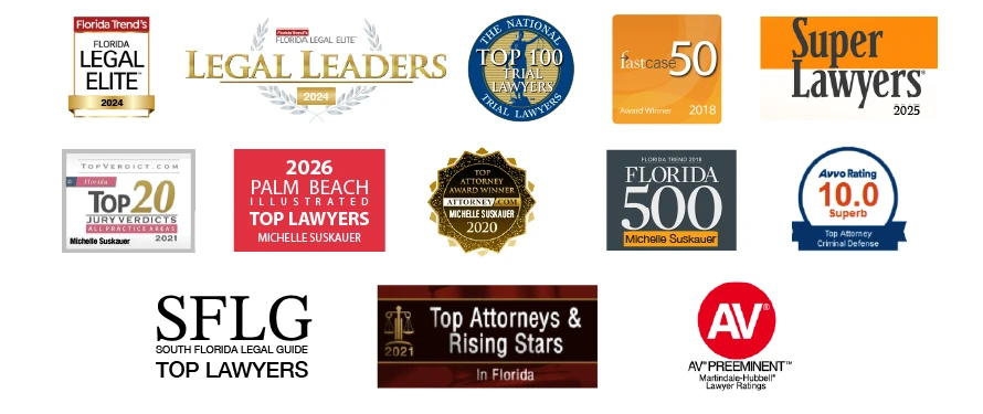 Top criminal justice lawyer badges and recognition for Michelle Suskauer: Florida Trend's Florida Legal Elite for 2024, Top Attorneys & Rising Stars in Florida, 2026 Palm Beach Illustrated Top Lawyers, Florida Trend's Florida 500, AV Preeminent Lawyer Rating, Super Lawyers 2025, Top 100 Trail Lawyers, FastCase 50 Award Winner, Attorney.com Top Attorney Award Winner, and Avvo 10.0 Superb Rating for Criminal Defense Attorney, TopVerdict.com's Top 20 Jury Verdicts, South Florida Legal Guide Top Lawyers
